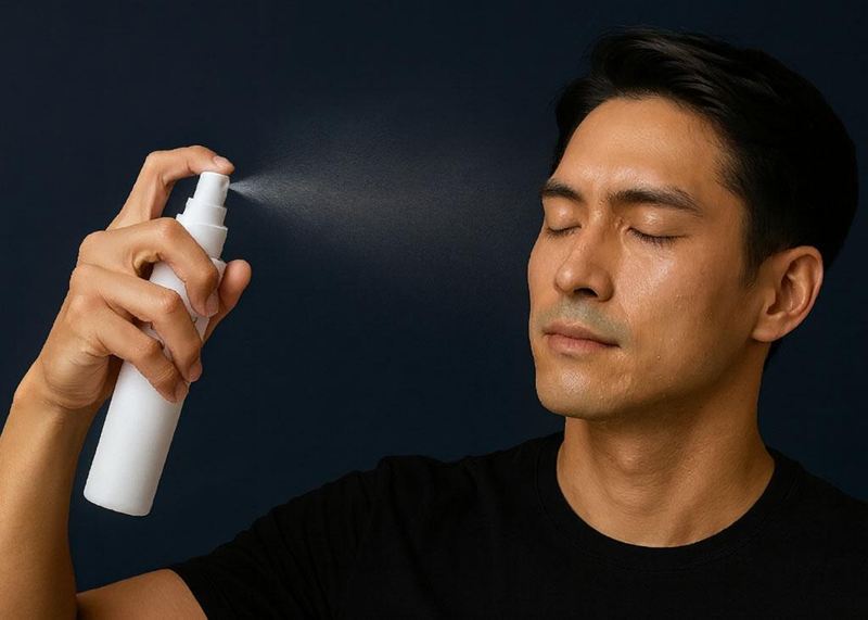 洗顔後すぐに、スプレータイプの化粧水(nine face ONEなど)を顔全体に吹き付ける男性。水分が蒸発する前の「10秒以内」にムラなく保湿を行う、効率的なスキンケアの実践シーン。